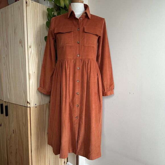 OFFON Needlecord LongSleeve Shirt Dress Midi S Handmade Sustainable Brick Orange - Picture 1 of 16